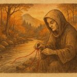 Parchment-style artwork of an Ozark healer tying red threads by a river, American folktale scene.