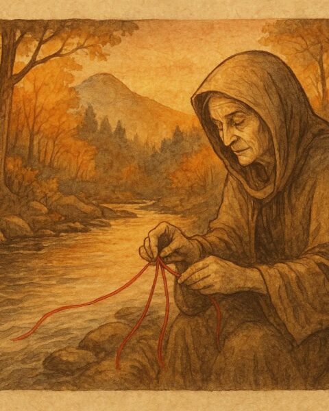 Parchment-style artwork of an Ozark healer tying red threads by a river, American folktale scene.