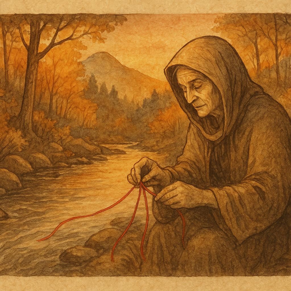 Parchment-style artwork of an Ozark healer tying red threads by a river, American folktale scene.