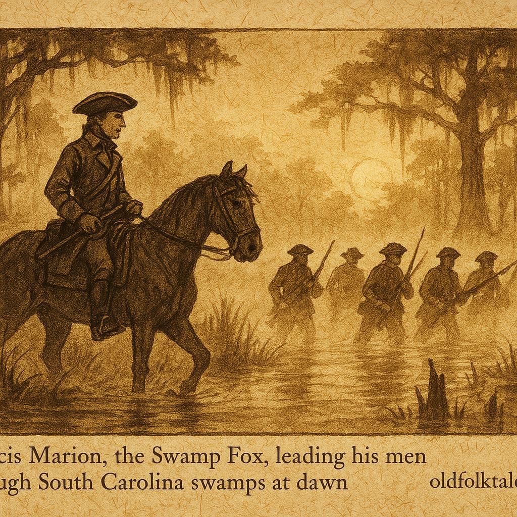 Parchment-style artwork of Francis Marion leading soldiers through misty swamps, American Revolutionary War folktale.
