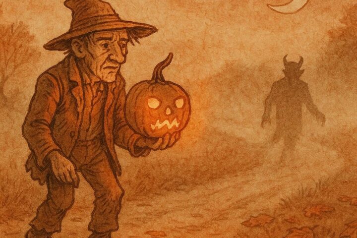 Parchment-style artwork of Jack holding a glowing turnip lantern on a misty road, American folktale scene.
