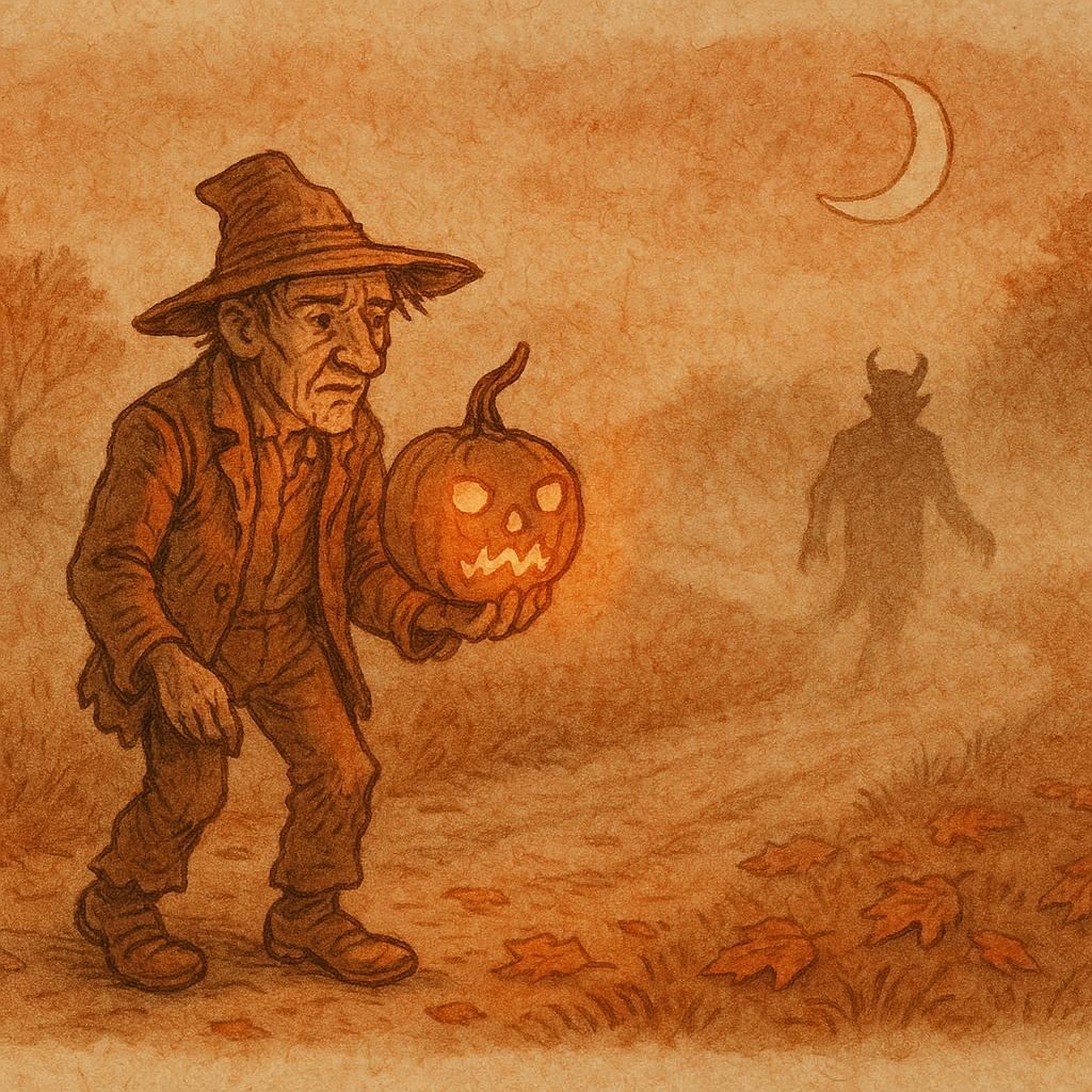 Parchment-style artwork of Jack holding a glowing turnip lantern on a misty road, American folktale scene.
