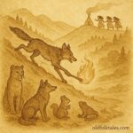 Parchment-style artwork of Coyote stealing fire from the mountain sisters, Native American folktale