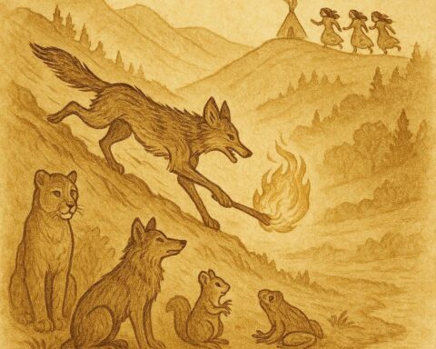 Parchment-style artwork of Coyote stealing fire from the mountain sisters, Native American folktale