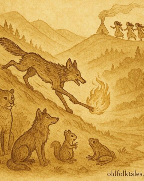 Parchment-style artwork of Coyote stealing fire from the mountain sisters, Native American folktale