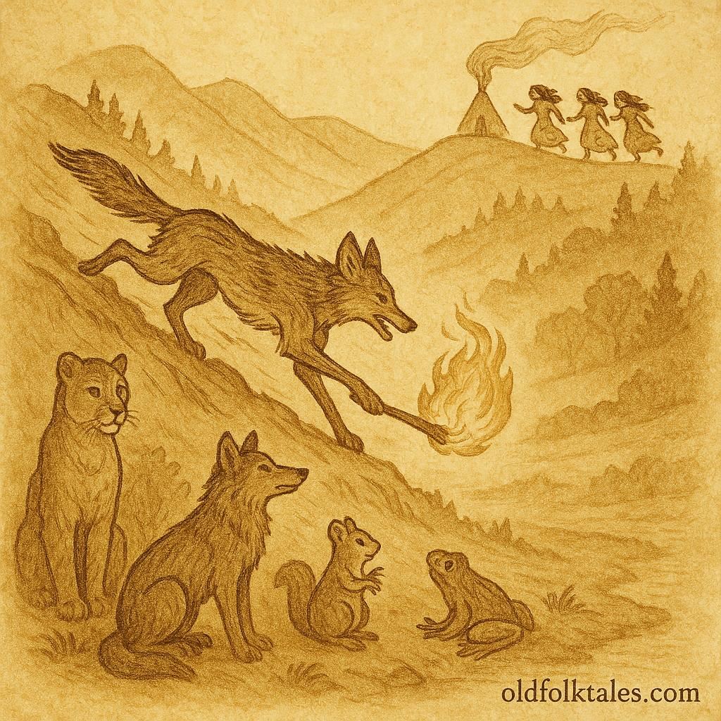 Parchment-style artwork of Coyote stealing fire from the mountain sisters, Native American folktale