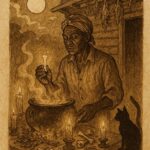 Parchment-style artwork of a Hoodoo root doctor with glowing black cat bone, African-American folktale scene