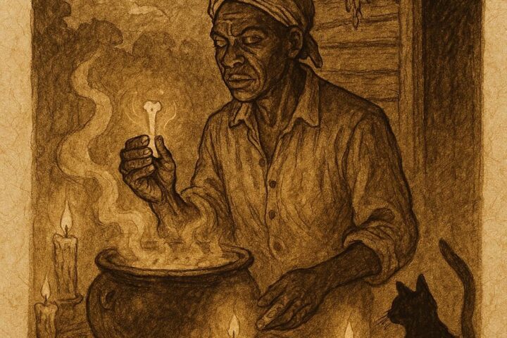 Parchment-style artwork of a Hoodoo root doctor with glowing black cat bone, African-American folktale scene
