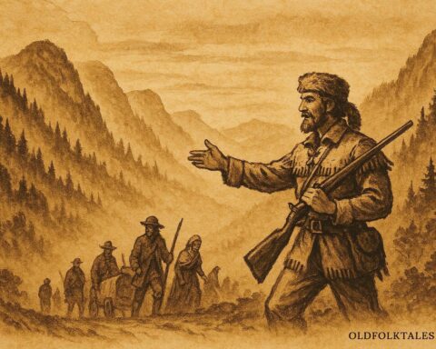 An illustration of Daniel Boone leading settlers through the Cumberland Gap into the Kentucky wilderness, American folktale scene.