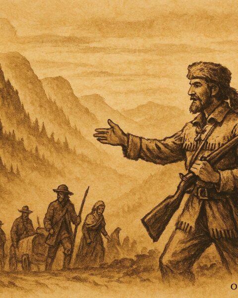 An illustration of Daniel Boone leading settlers through the Cumberland Gap into the Kentucky wilderness, American folktale scene.