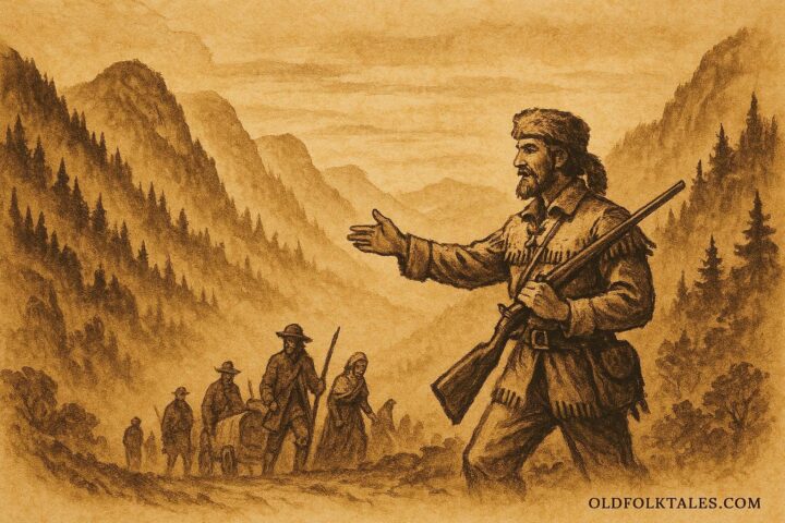 An illustration of Daniel Boone leading settlers through the Cumberland Gap into the Kentucky wilderness, American folktale scene.