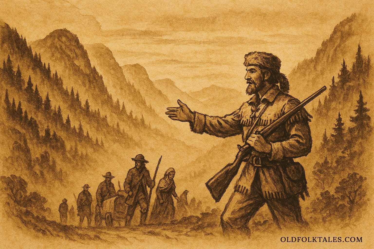 An illustration of Daniel Boone leading settlers through the Cumberland Gap into the Kentucky wilderness, American folktale scene.