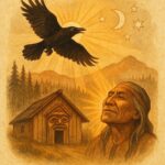 Parchment-style artwork of Raven releasing the Sun and Moon into the sky, Haida folktale scene.