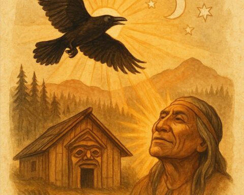 Parchment-style artwork of Raven releasing the Sun and Moon into the sky, Haida folktale scene.