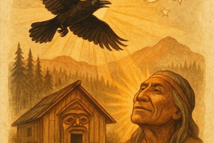 Parchment-style artwork of Raven releasing the Sun and Moon into the sky, Haida folktale scene.