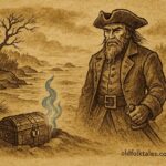 Parchment-style artwork of Captain Kidd’s ghost guarding buried treasure by the New England shore, American folktale scene.