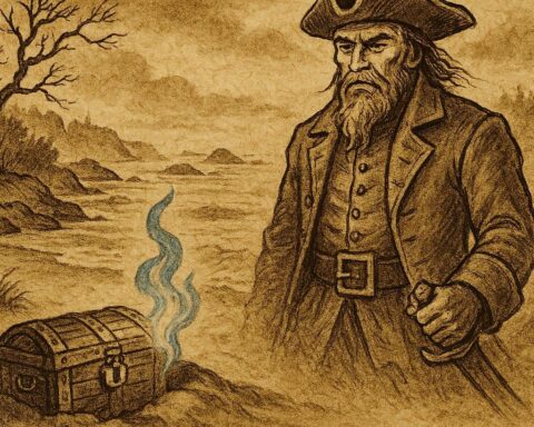 Parchment-style artwork of Captain Kidd’s ghost guarding buried treasure by the New England shore, American folktale scene.