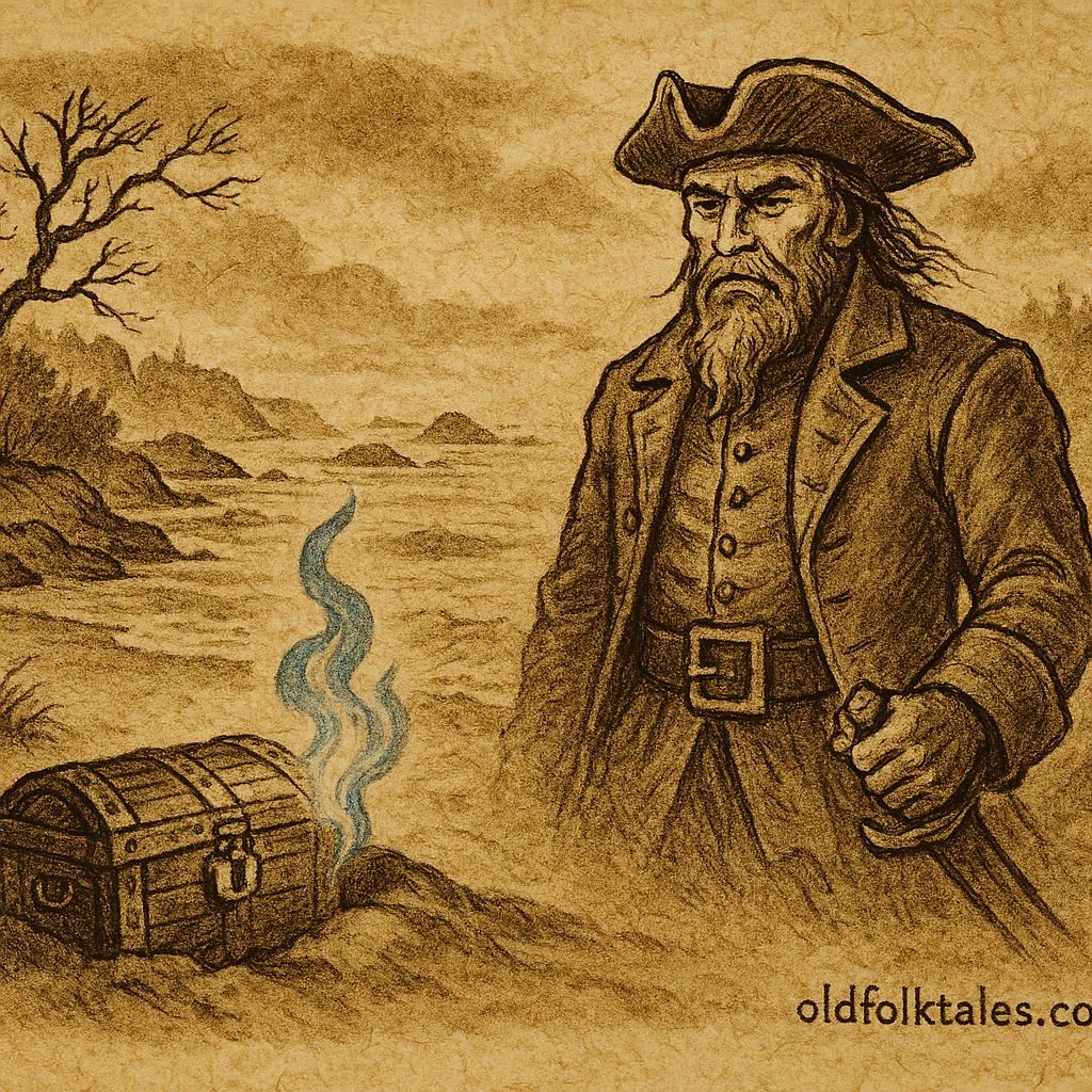 Parchment-style artwork of Captain Kidd’s ghost guarding buried treasure by the New England shore, American folktale scene.