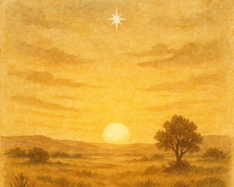 Parchment-style artwork of the Morning Star boy falling from the sky, Pawnee Native American folktale.