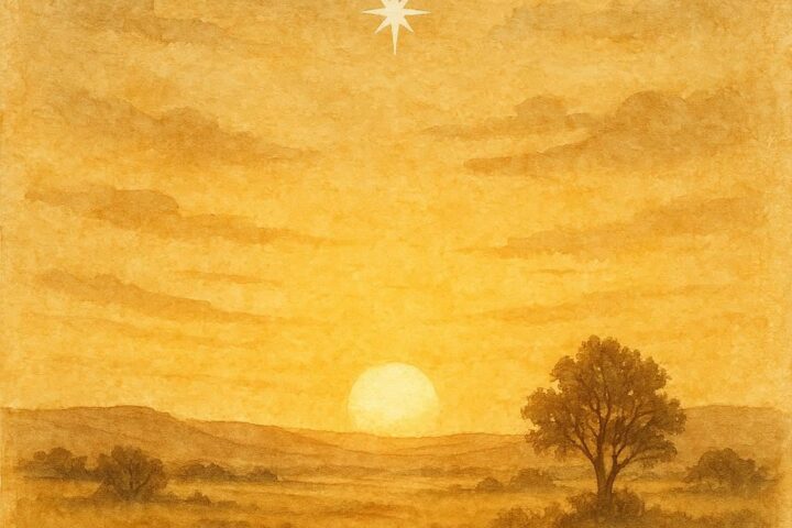 Parchment-style artwork of the Morning Star boy falling from the sky, Pawnee Native American folktale.