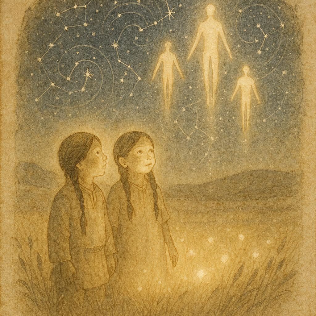Parchment-style illustration of two Lakota children meeting Star People under a starlit sky, Native American folktale scene.