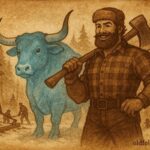 An illustration of Paul Bunyan and Babe the Blue Ox in a snowy northern forest, from American folklore.