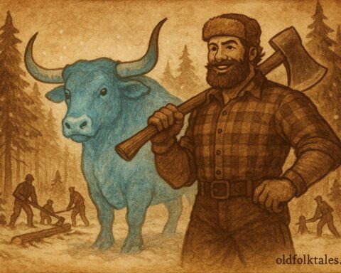 An illustration of Paul Bunyan and Babe the Blue Ox in a snowy northern forest, from American folklore.