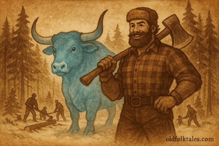 An illustration of Paul Bunyan and Babe the Blue Ox in a snowy northern forest, from American folklore.