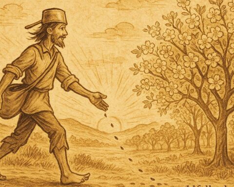 Parchment-style artwork of Johnny Appleseed sowing apple seeds under a glowing sunset, American folktale scene.