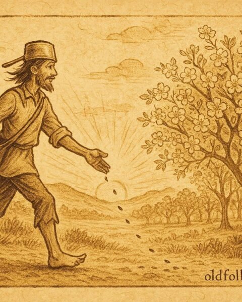Parchment-style artwork of Johnny Appleseed sowing apple seeds under a glowing sunset, American folktale scene.