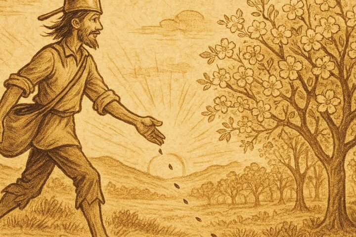 Parchment-style artwork of Johnny Appleseed sowing apple seeds under a glowing sunset, American folktale scene.
