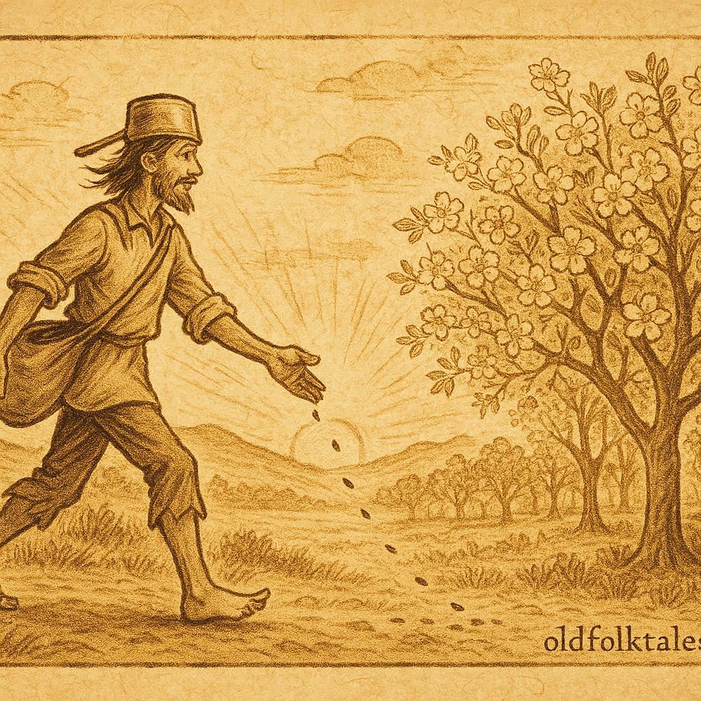Parchment-style artwork of Johnny Appleseed sowing apple seeds under a glowing sunset, American folktale scene.
