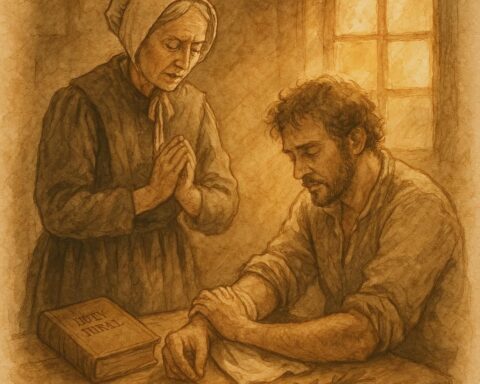 Parchment-style artwork of a Pennsylvania Dutch healer praying over a wound, American folktale scene