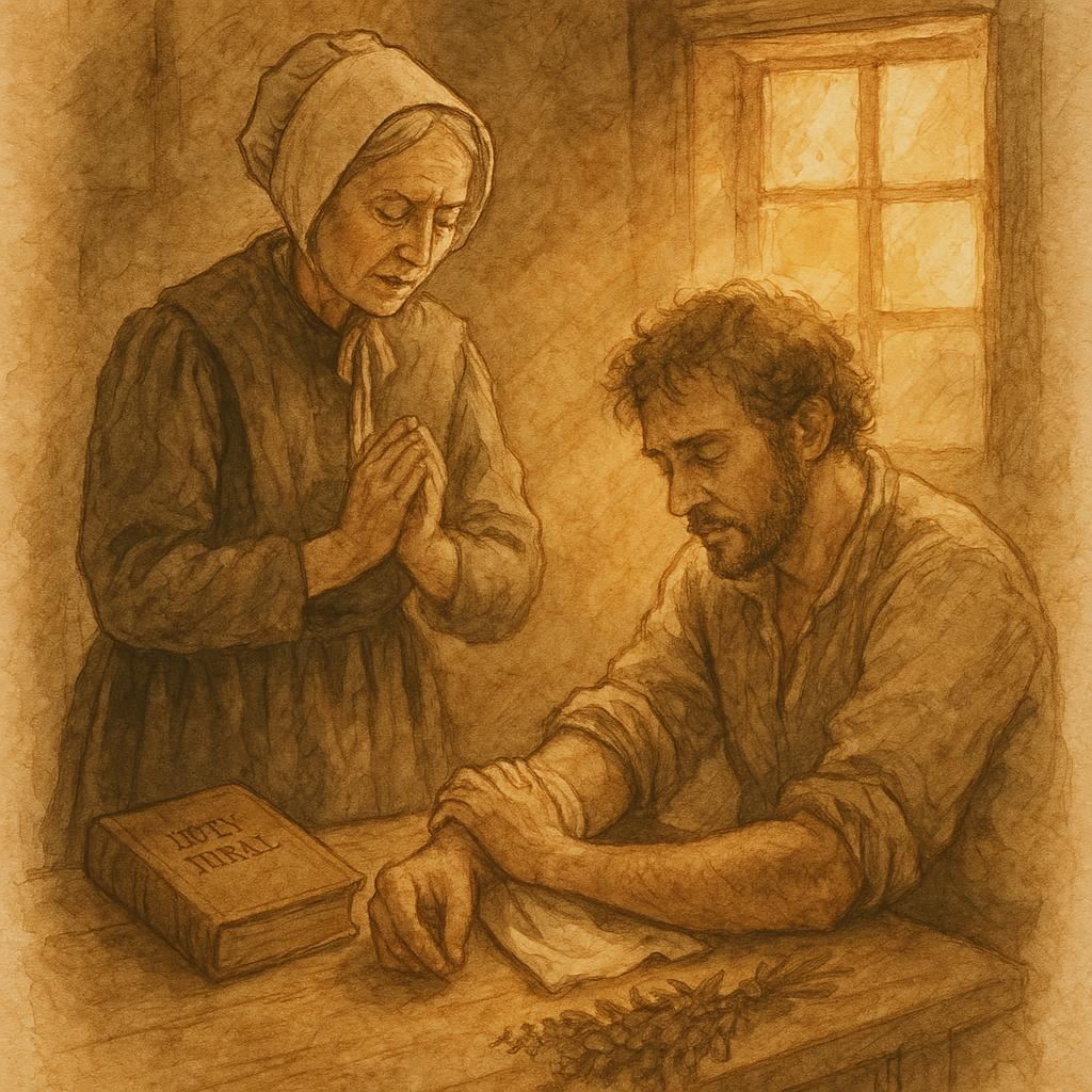 Parchment-style artwork of a Pennsylvania Dutch healer praying over a wound, American folktale scene
