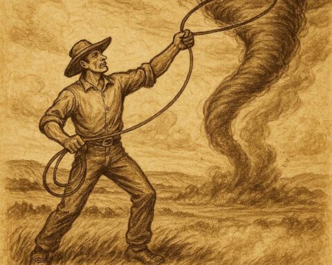 Parchment-style artwork of Febold Feboldson lassoing a tornado, Nebraska Great Plains folktale scene.