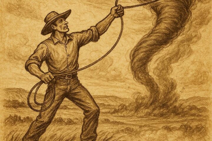 Parchment-style artwork of Febold Feboldson lassoing a tornado, Nebraska Great Plains folktale scene.
