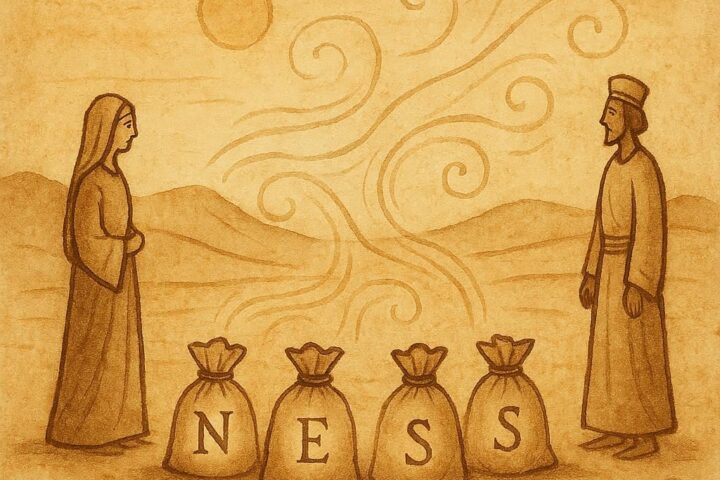 Parchment-style artwork of Navajo figures with four wind bags glowing in a desert landscape.