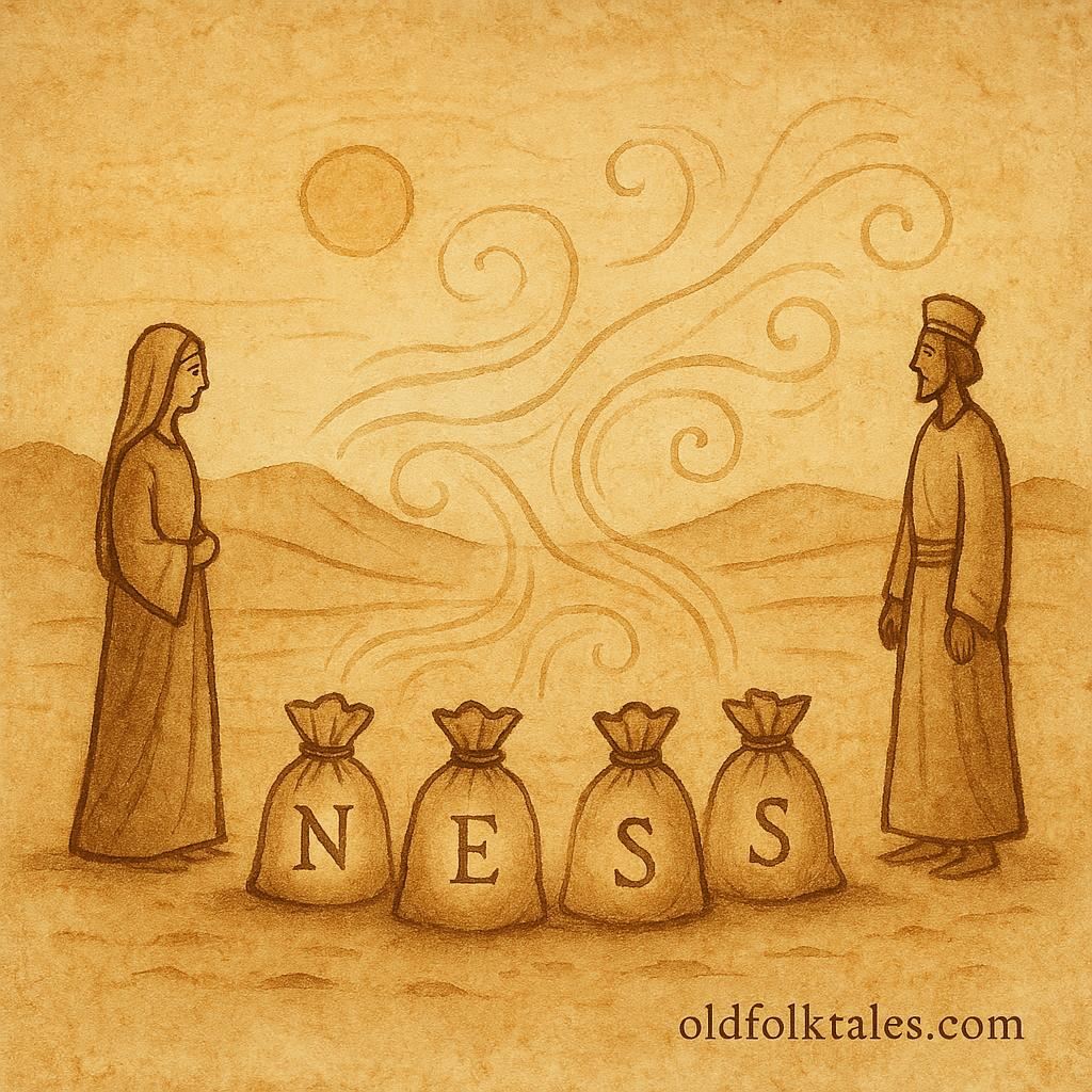 Parchment-style artwork of Navajo figures with four wind bags glowing in a desert landscape.