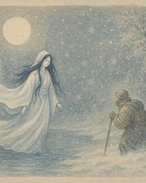 Parchment-style artwork of the Snow Woman on a frozen river guiding a traveller, French-American folktale scene