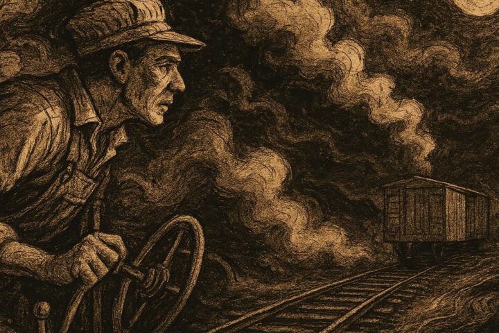 Parchment-style artwork of Casey Jones slowing his train, Mississippi railways folktale scene.