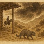 Parchment-style artwork of Granny Tucker’s cat sensing a storm in an Ozark mountain folktale.