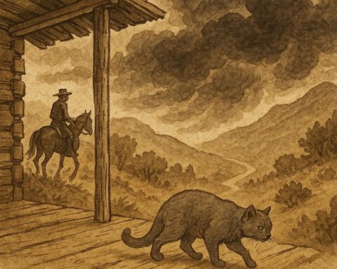 Parchment-style artwork of Granny Tucker’s cat sensing a storm in an Ozark mountain folktale.