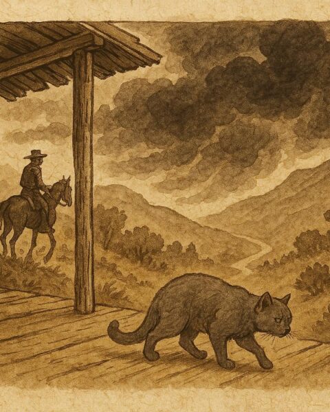Parchment-style artwork of Granny Tucker’s cat sensing a storm in an Ozark mountain folktale.