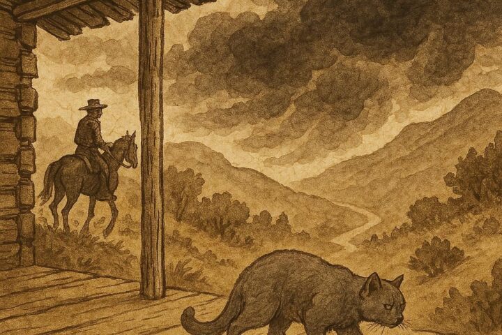 Parchment-style artwork of Granny Tucker’s cat sensing a storm in an Ozark mountain folktale.