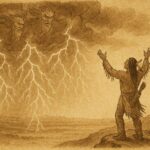 Parchment-style art of Lakota warrior calling to Thunder Beings amid lightning and rain, Native American folktale.