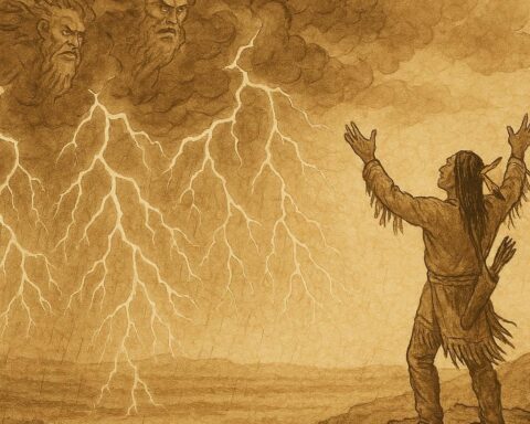 Parchment-style art of Lakota warrior calling to Thunder Beings amid lightning and rain, Native American folktale.