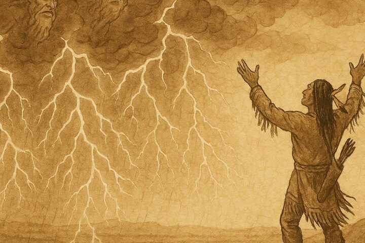 Parchment-style art of Lakota warrior calling to Thunder Beings amid lightning and rain, Native American folktale.