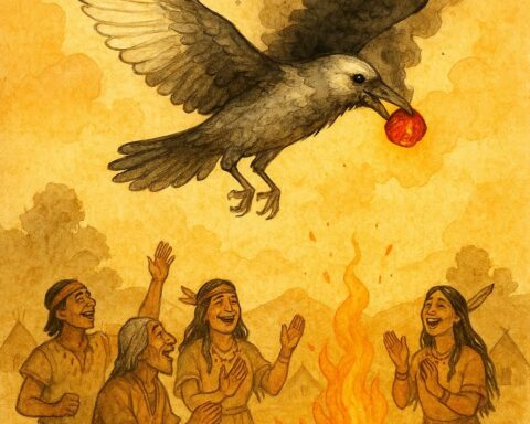 Parchment-style artwork of white crow flying with burning coal, Cherokee folktale of courage and fire.