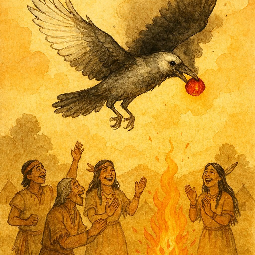 Parchment-style artwork of white crow flying with burning coal, Cherokee folktale of courage and fire.