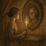 Parchment-style artwork of Prudence before an aging mirror, New England folktale scene.